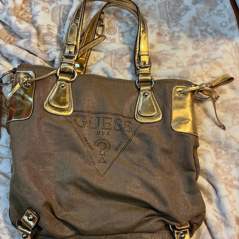 GUESS Metallic Gold and Brown Tote Bag